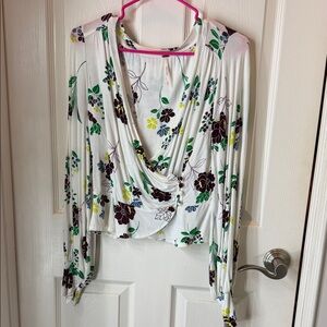 Free People White Floral Draped Cowl Top with Green & Purple Accents